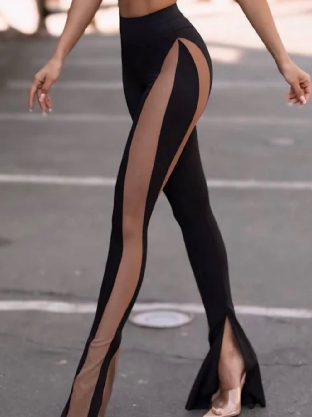 Zasuwa mesh leggings Black Pants with Tan Side Stripe